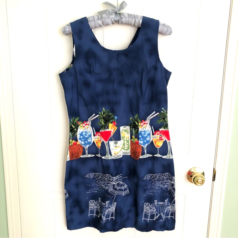 VINTAGE DRESS HAWAII KY’S DRESS Tropical Cocktail Print Blue Dress DRESS